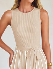 ZESICA Women's Summer Sleeveless Midi Dress 2025 Crewneck Ribbed Knit Tie Waist Casual A Line Swing Dresses