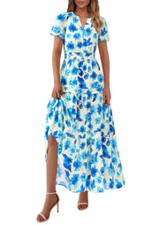 PRETTYGARDEN Women's 2025 Summer Boho Maxi Dresses Floral Short Sleeve V Neck A Line Tiered Flowy Long Beach Vacation Dress (White Pink Floral,Large)