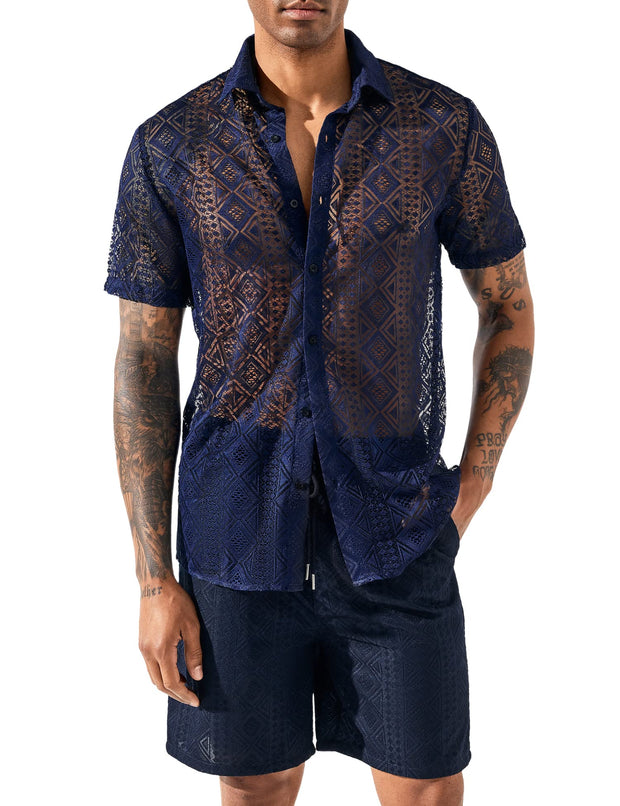 LecGee Men Summer Casual Short Sets Lace Short Sleeve Button Down Shirt Elastic Waist Shorts 2 Piece Outfits Tracksuit