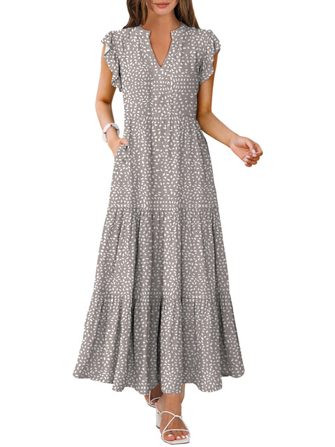 ANRABESS Womens Summer Casual Maxi Dress V Neck Ruffle Sleeve Long Dresses Fashion Flowy Tiered Boho Beach Vacation Sundress Black Large