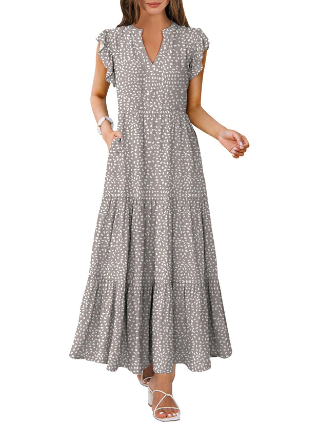 ANRABESS Womens Summer Casual Maxi Dress V Neck Ruffle Sleeve Long Dresses Fashion Flowy Tiered Boho Beach Vacation Sundress Black Large