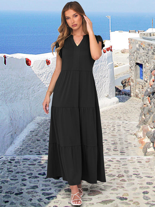 ANRABESS Womens Summer Casual Maxi Dress V Neck Ruffle Sleeve Long Dresses Fashion Flowy Tiered Boho Beach Vacation Sundress Black Large