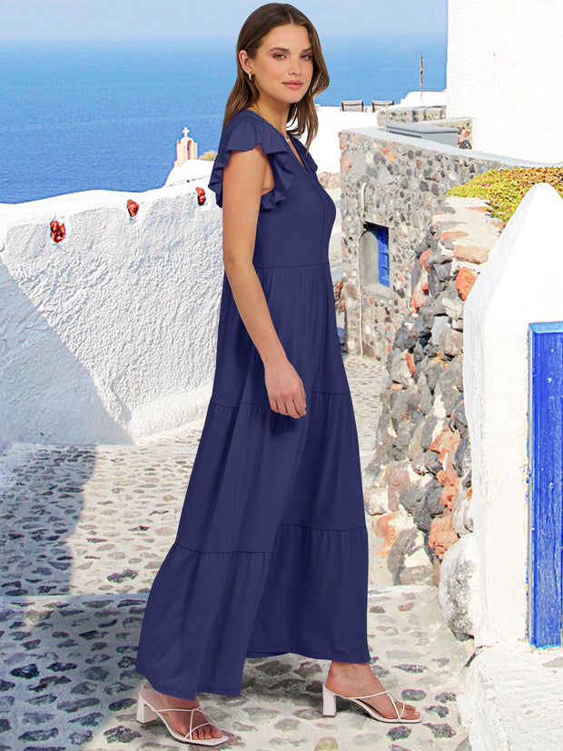 ANRABESS Womens Summer Casual Maxi Dress V Neck Ruffle Sleeve Long Dresses Fashion Flowy Tiered Boho Beach Vacation Sundress Black Large
