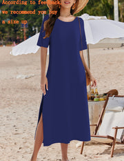 Zeagoo Women Long Sun Dress Summer T Shirt Dresses Beach Dress Casual Short Sleeve Tropical O Neck A Line Maxi Dresses Loose Side Slit Cover Up with Pockets 2025 Black XXL
