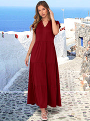 ANRABESS Womens Summer Casual Maxi Dress V Neck Ruffle Sleeve Long Dresses Fashion Flowy Tiered Boho Beach Vacation Sundress Black Large