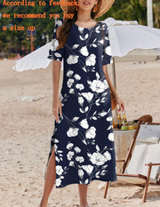 Zeagoo Women Long Sun Dress Summer T Shirt Dresses Beach Dress Casual Short Sleeve Tropical O Neck A Line Maxi Dresses Loose Side Slit Cover Up with Pockets 2025 Black XXL
