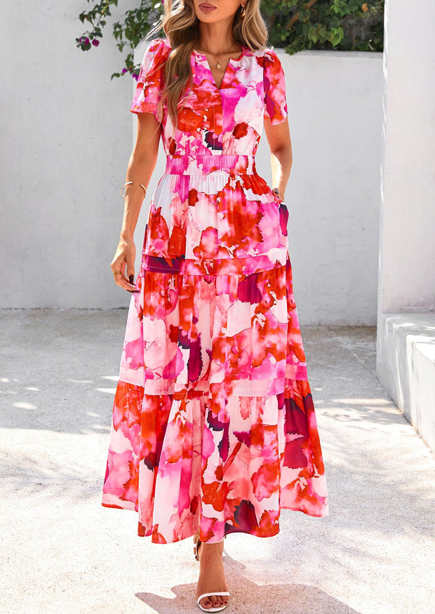 PRETTYGARDEN Women's 2025 Summer Boho Maxi Dresses Floral Short Sleeve V Neck A Line Tiered Flowy Long Beach Vacation Dress (White Pink Floral,Large)