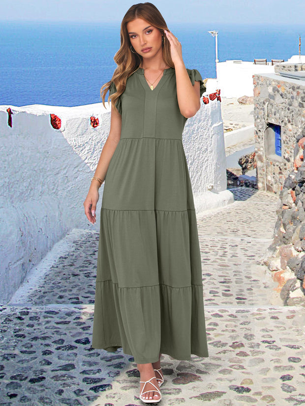 ANRABESS Womens Summer Casual Maxi Dress V Neck Ruffle Sleeve Long Dresses Fashion Flowy Tiered Boho Beach Vacation Sundress Black Large