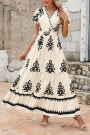 PRETTYGARDEN Womens 2025 Summer Casual V Neck Boho Maxi Dress Flowy Aline Bell Sleeve Tiered Floral Dresses with Pocket (Floral Apricot Black,X-Large)