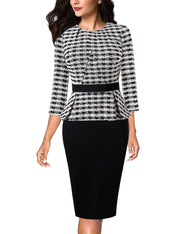 VFSHOW Womens Pleated Crew Neck Peplum Work Business Office Bodycon Pencil Sheath Dress