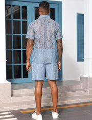 LecGee Men Summer Casual Short Sets Lace Short Sleeve Button Down Shirt Elastic Waist Shorts 2 Piece Outfits Tracksuit