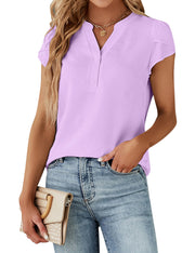 Blooming Jelly Women's Dressy Casual Tops Business Work Blouses White Button Down Shirts Cap Sleeve V Neck Tshirt