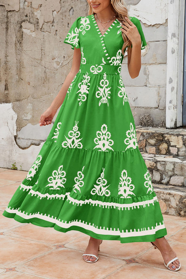 PRETTYGARDEN Womens 2025 Summer Casual V Neck Boho Maxi Dress Flowy Aline Bell Sleeve Tiered Floral Dresses with Pocket (Floral Apricot Black,X-Large)