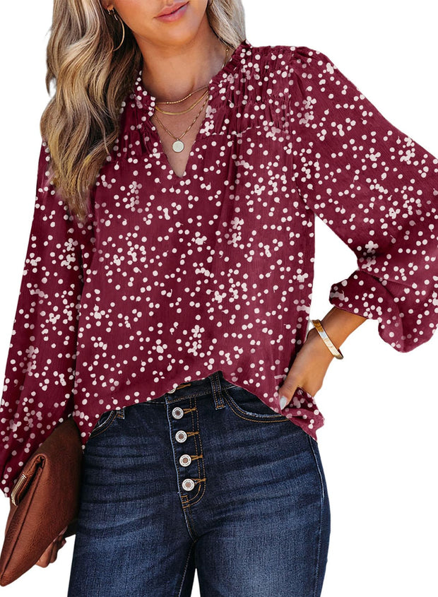 Dokotoo Women's Casual V Neck Alicia Floral Print Smocked Long Sleeve Chiffon Blouses Bohemian Top Shirts