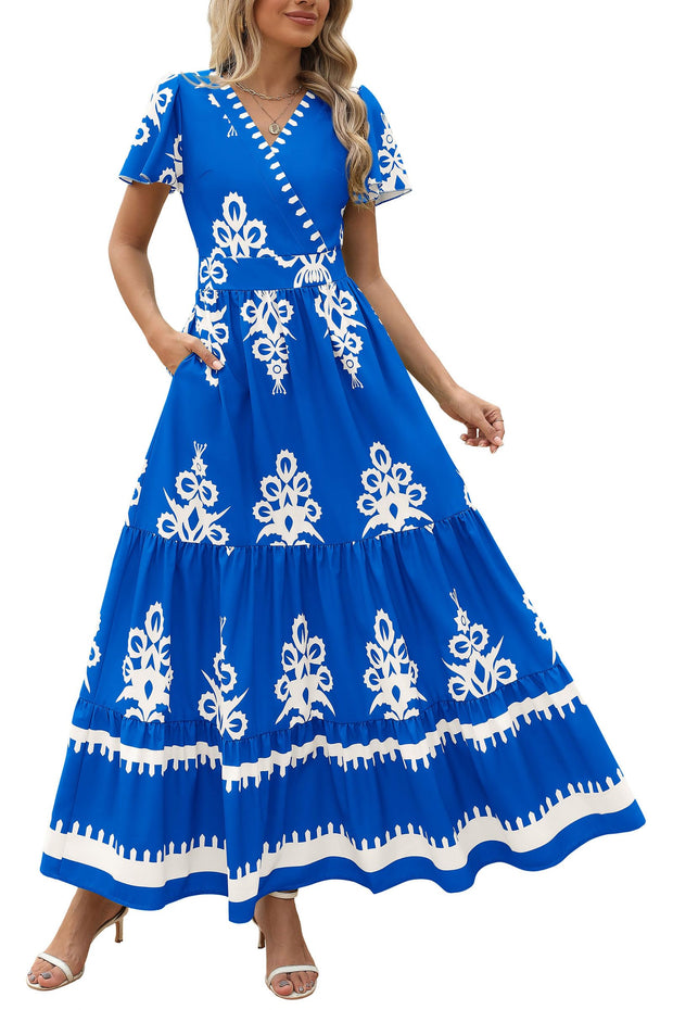 PRETTYGARDEN Womens 2025 Summer Casual V Neck Boho Maxi Dress Flowy Aline Bell Sleeve Tiered Floral Dresses with Pocket (Floral Apricot Black,X-Large)