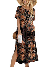 Zeagoo Women Long Sun Dress Summer T Shirt Dresses Beach Dress Casual Short Sleeve Tropical O Neck A Line Maxi Dresses Loose Side Slit Cover Up with Pockets 2025 Black XXL