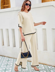 Tanming Sweater Sets Women 2 Piece Lounge Sets Short Sleeve Knit Pullover Tops Wide Leg Pants