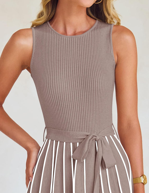 ZESICA Women's Summer Sleeveless Midi Dress 2025 Crewneck Ribbed Knit Tie Waist Casual A Line Swing Dresses