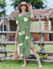 Zeagoo Women Long Sun Dress Summer T Shirt Dresses Beach Dress Casual Short Sleeve Tropical O Neck A Line Maxi Dresses Loose Side Slit Cover Up with Pockets 2025 Black XXL