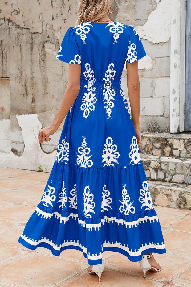 PRETTYGARDEN Womens 2025 Summer Casual V Neck Boho Maxi Dress Flowy Aline Bell Sleeve Tiered Floral Dresses with Pocket (Floral Apricot Black,X-Large)