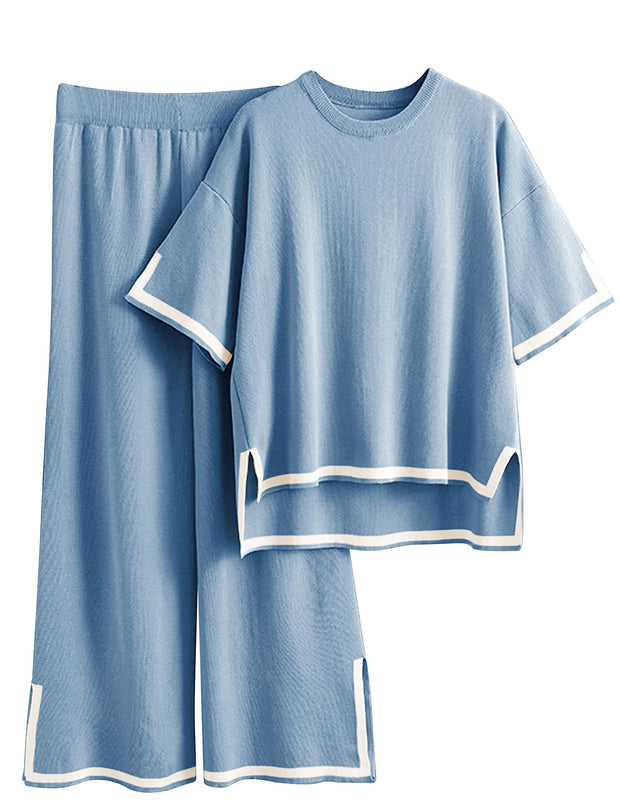 Tanming Sweater Sets Women 2 Piece Lounge Sets Short Sleeve Knit Pullover Tops Wide Leg Pants