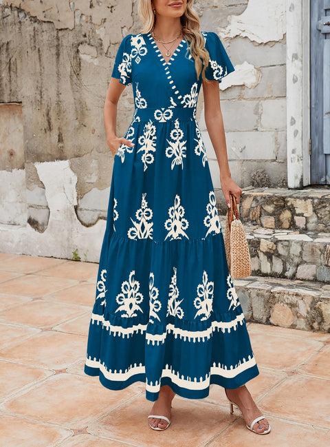 PRETTYGARDEN Womens 2025 Summer Casual V Neck Boho Maxi Dress Flowy Aline Bell Sleeve Tiered Floral Dresses with Pocket (Floral Apricot Black,X-Large)