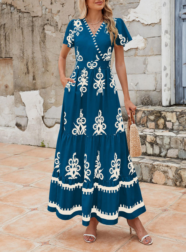 PRETTYGARDEN Womens 2025 Summer Casual V Neck Boho Maxi Dress Flowy Aline Bell Sleeve Tiered Floral Dresses with Pocket (Floral Apricot Black,X-Large)