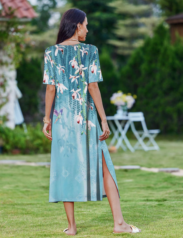 Zeagoo Women Long Sun Dress Summer T Shirt Dresses Beach Dress Casual Short Sleeve Tropical O Neck A Line Maxi Dresses Loose Side Slit Cover Up with Pockets 2025 Black XXL