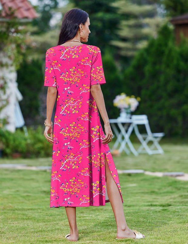 Zeagoo Women Long Sun Dress Summer T Shirt Dresses Beach Dress Casual Short Sleeve Tropical O Neck A Line Maxi Dresses Loose Side Slit Cover Up with Pockets 2025 Black XXL