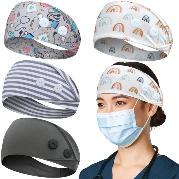 ABAMERICA Headbands with Button for Mask, Wide Nurses Headbands Non Slip Elastic Ear Protection for Women Men Doctors Sweatband Headband (BUTTON- 1 PACK COLOR05)