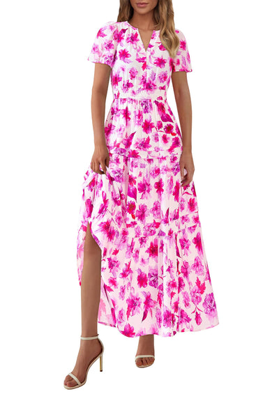 PRETTYGARDEN Women's 2025 Summer Boho Maxi Dresses Floral Short Sleeve V Neck A Line Tiered Flowy Long Beach Vacation Dress (White Pink Floral,Large)