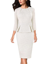 VFSHOW Womens Pleated Crew Neck Peplum Work Business Office Bodycon Pencil Sheath Dress