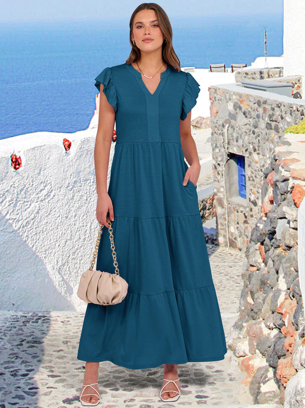 ANRABESS Womens Summer Casual Maxi Dress V Neck Ruffle Sleeve Long Dresses Fashion Flowy Tiered Boho Beach Vacation Sundress Black Large