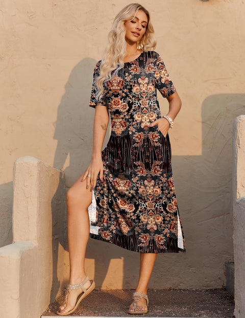 Zeagoo Women Long Sun Dress Summer T Shirt Dresses Beach Dress Casual Short Sleeve Tropical O Neck A Line Maxi Dresses Loose Side Slit Cover Up with Pockets 2025 Black XXL