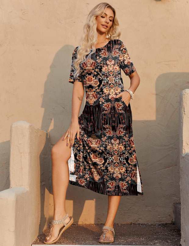 Zeagoo Women Long Sun Dress Summer T Shirt Dresses Beach Dress Casual Short Sleeve Tropical O Neck A Line Maxi Dresses Loose Side Slit Cover Up with Pockets 2025 Black XXL