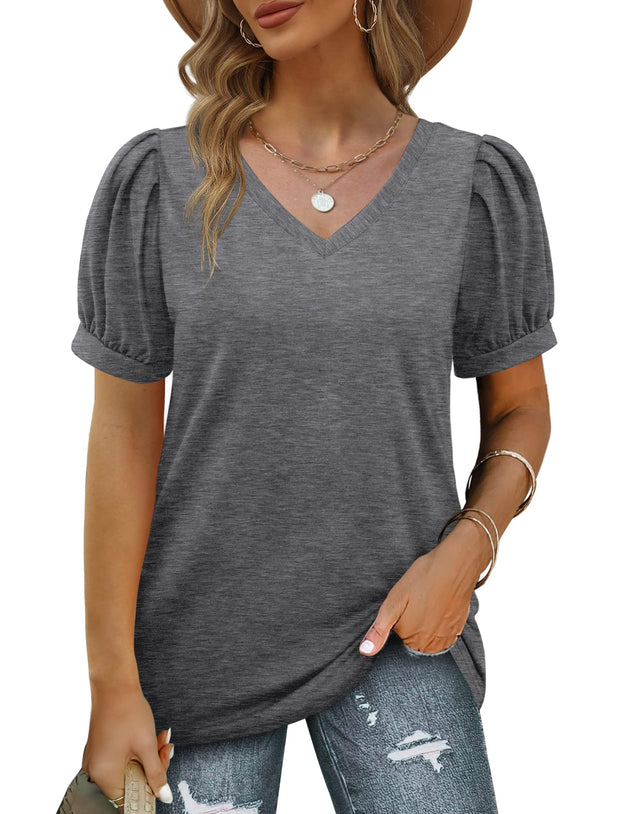 Geifa Womens Summer Tops Puff Short Sleeve V Neck T Shirts Loose Casual Tshirts
