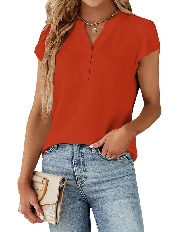 Blooming Jelly Women's Dressy Casual Tops Business Work Blouses White Button Down Shirts Cap Sleeve V Neck Tshirt