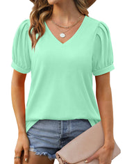 Geifa Womens Summer Tops Puff Short Sleeve V Neck T Shirts Loose Casual Tshirts
