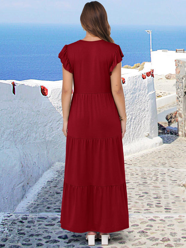 ANRABESS Womens Summer Casual Maxi Dress V Neck Ruffle Sleeve Long Dresses Fashion Flowy Tiered Boho Beach Vacation Sundress Black Large