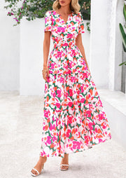 PRETTYGARDEN Women's 2025 Summer Boho Maxi Dresses Floral Short Sleeve V Neck A Line Tiered Flowy Long Beach Vacation Dress (White Pink Floral,Large)