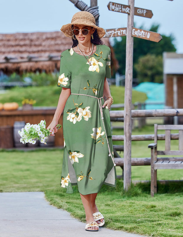 Zeagoo Women Long Sun Dress Summer T Shirt Dresses Beach Dress Casual Short Sleeve Tropical O Neck A Line Maxi Dresses Loose Side Slit Cover Up with Pockets 2025 Black XXL