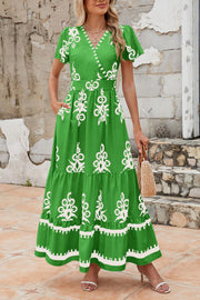 PRETTYGARDEN Womens 2025 Summer Casual V Neck Boho Maxi Dress Flowy Aline Bell Sleeve Tiered Floral Dresses with Pocket (Floral Apricot Black,X-Large)