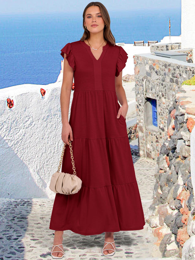 ANRABESS Womens Summer Casual Maxi Dress V Neck Ruffle Sleeve Long Dresses Fashion Flowy Tiered Boho Beach Vacation Sundress Black Large