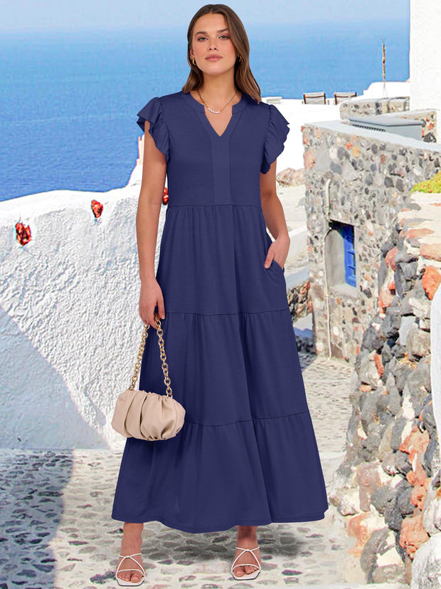 ANRABESS Womens Summer Casual Maxi Dress V Neck Ruffle Sleeve Long Dresses Fashion Flowy Tiered Boho Beach Vacation Sundress Black Large