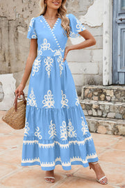 PRETTYGARDEN Womens 2025 Summer Casual V Neck Boho Maxi Dress Flowy Aline Bell Sleeve Tiered Floral Dresses with Pocket (Floral Apricot Black,X-Large)