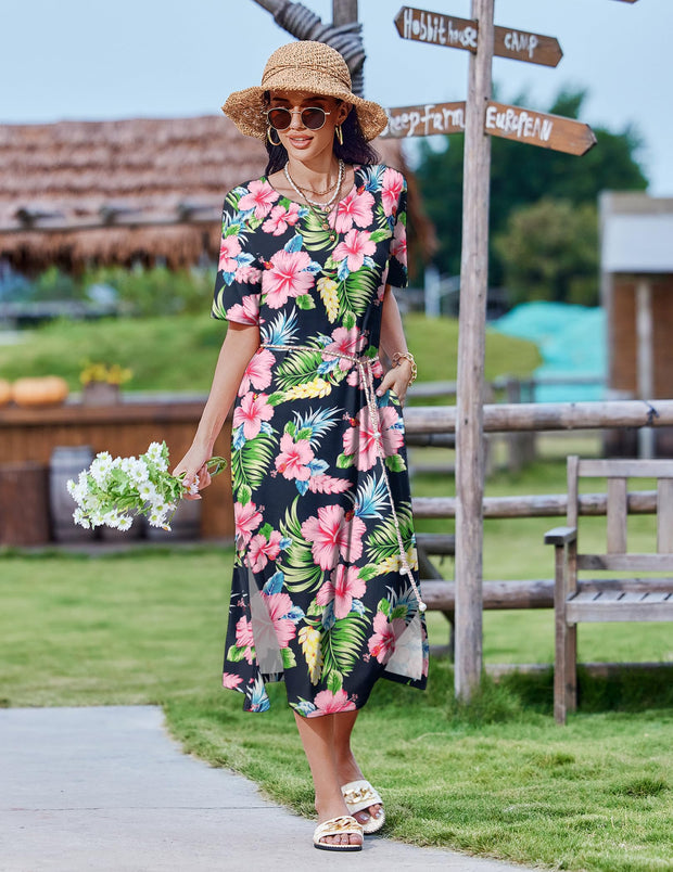 Zeagoo Women Long Sun Dress Summer T Shirt Dresses Beach Dress Casual Short Sleeve Tropical O Neck A Line Maxi Dresses Loose Side Slit Cover Up with Pockets 2025 Black XXL
