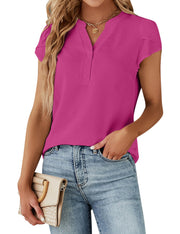 Blooming Jelly Women's Dressy Casual Tops Business Work Blouses White Button Down Shirts Cap Sleeve V Neck Tshirt