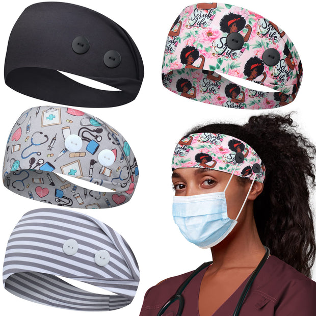 ABAMERICA Headbands with Button for Mask, Wide Nurses Headbands Non Slip Elastic Ear Protection for Women Men Doctors Sweatband Headband (BUTTON- 1 PACK COLOR05)