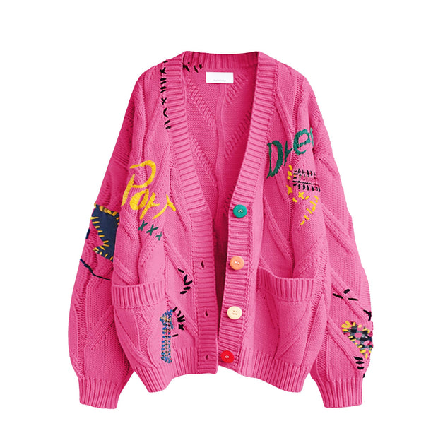 Women's Cable Knit Long Sleeve Open Front Cardigan Sheep V-Neck Button Down Embroidery Wool Blend Sweater Coat Outwear