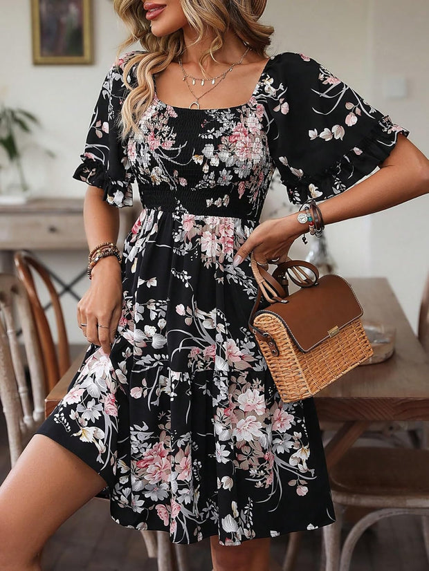 Verdusa Women's Floral Ruffle Hem Summer Dresses Flowy Short Sleeve High Waist Midi Dress